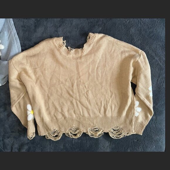 Cropped Daisy Floral Print V Neck Long Sleeve Personality Sweater Ribbed Trim - Picture 8 of 15